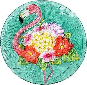 Teamson Home 17.8 in. Fusion Glass Bird Design Birdbath with Tropical Flamingo Design and Foldable Metal Stand with Ground Hook, Multi