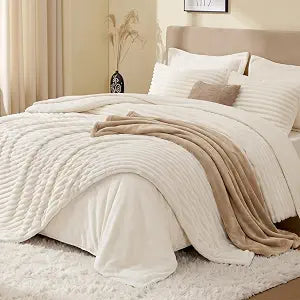 EXQ Home Queen Fluffy Comforter Set Beige, 7 Pieces Bed in a Bag for All Season, Queen Size Bedding Sets with Comforter, Flat Sheet, Fitted Sheet, Pillowcases and Shams