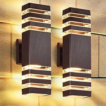 DASTOR Up and Down Outdoor Wall Lights, 3-Layer Brown Modern Outdoor Lights for House, Waterproof Exterior Light Fixture Wall Mount Outdoor Lighting for Porch Garage, 2 Pack