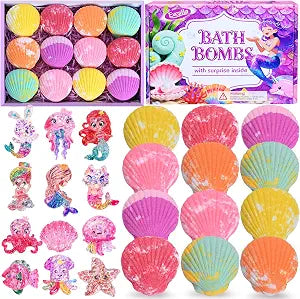 Bath Bombs for Kids with Surprise Toys Inside, 12 Pcs Kids Bath Bombs Gifts for Birthday Christmas Halloween Party Favor, Handmade Shell Bubble Bath Kit with Mermaid Toys for 4 5 6 7 8 Year Old Girls