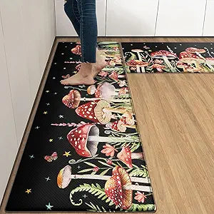 Arttown Black Anti-Fatigue Kitchen Rug Set of 2 Mushroom Floral Red Cushioned Floor Standing Mat Waterproof Non-Slip Mat and PVC Ergonomic Comfort Foam Rug