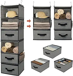 GRANNY SAYS 6-Shelf Hanging Closet Organizer, Separable to 2 Pack 3-Shelf, Closet Organization and Storage with 3 Different Drawers, 4 Side Pockets Wardrobe Clothes Organizer, Gray, 1-Pack