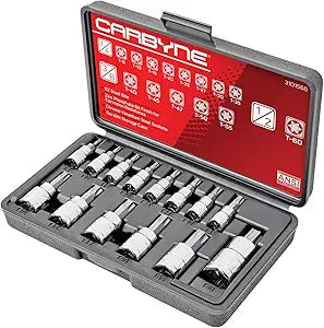 CARBYNE 14-Piece Torx Bit Socket Set, T8 to T60, S2 Steel Bits, CrV Sockets, 1/4 in. 3/8 in. and 1/2 in. Drive, Durable Storage Case, Genuine Licensed Torx