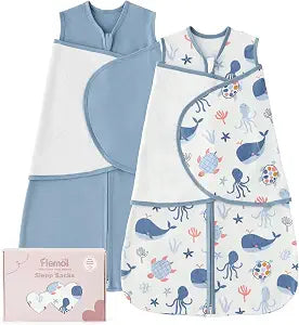 Baby Swaddle Sleep Sack 3-6 Months, Cotton Swaddles for Newborns Boys Girls, 2-Way Zipper Transitional Infant Wearable Swaddling Blanket with Quiet Closure, 0.5 TOG 2 Pack Soft Blue Whale