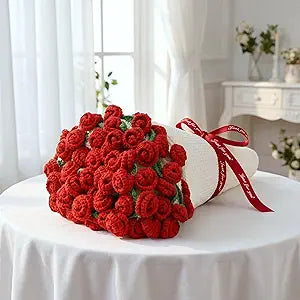 Red Rose Crochet Flower Bouquet Blanket for Women, Throw Blanket 43 Inch 60 Flowers, with Gift Bag & Writable Message Card, Gift for Wife Girlfriend Mom Valentine's Day Anniversary Birthday