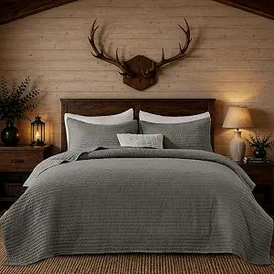 DOWN HOME Twin Quilt Bedding Set with Sham, Vintage Washed Soft Quilted Blanket Thin Comforter Lightweight Bedspread Coverlet Bed Cover, Brushed Microfiber Stripe Stitching, Obsidian Gray, 66"x92"