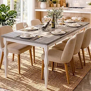Garvee 79-Inch Modern Farmhouse Dining Table, Large Rectangular Kitchen Table for 6-8 People, Sturdy Wood Top with Unique Legs, Scratch-Resistant Dining Room Furniture for Party, Big Family, Grey