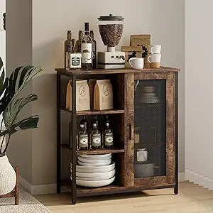 LVSOMT Mini Coffee Bar Cabinet for Home Kitchen, 27.5'' Coffee Stand Station with Adjustable Shelves & Door, Farmhouse Sideboard Buffet for Small Space, Dining Room, Living Room, Industrial Brown