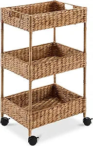 Best Choice Products 3-Tier Water Hyacinth Rolling Nursery Caddy w/Wheels, Utility Cart, Storage Organization for Bathroom, Craft Room, Laundry Room - Chestnut