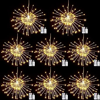 Tuanse 8 Pack Starburst Lights, LED Firework Fairy Lights Outdoor Hanging Battery Operated with Remote Control 120 LED 8 Modes for Garden Christmas Party Decor