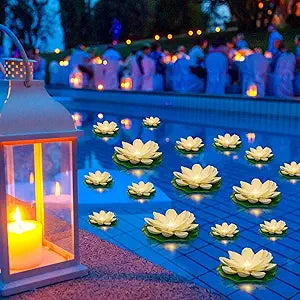 Liliful 36 Pcs Floating Lights Lotus Floating Lanterns Artificial Lily Pads with LED Lights Battery Operated for Pool Party Garden & Pond Summer Decoration (3.94,5.91 Inch,White)