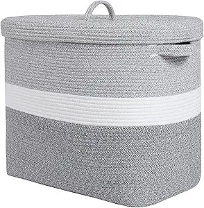 22"x14"x18" Rectangular Extra Large Storage Basket With Lid, Large Cotton Rope Storage Basket, Woven Laundry Hamper, Cloth Storage Bin, for Clothes Towels Blankets in Living Room, Dual Grey