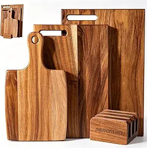 Acacia Wood Cutting Board Set of 3 with Stand Kitchen & Charcuterie Serving Boards, Multi-Size Wooden Chopping Boards for Meat, Veggies & Fruit, Easy Clean & Space-Saving Display