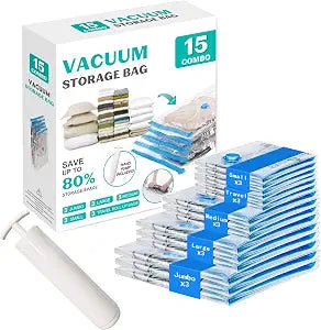 15 Pack Vacuum Seal Bags for Clothing &Travel, Space Saver Vacuum Storage Bags for Blankets,Luggage,Clothes,Comforter, Hand Pump Included (3 Jumbo,3 Large,3 Medium,3 Small,3 Roll