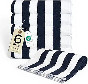 Salt Earth Cotton Striped Beach Cabana Towel, 6 Pack - 30"x60" Quick Dry Towels, Pool Essentials, Travel, Gym & Bathroom Towels, Oversized Beach Vacation Essentials, Navy Blue