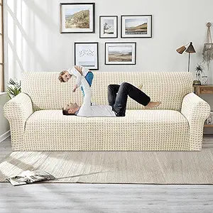 MAXIJIN Stretch Extra Large Couch Cover Sofa Covers (91"-110" Oversized Sofa Slipcovers with Non-Slip Foam & Elastic Strap, Dog Cat Pet Friendly Furniture Protector (X-Large, Beige)
