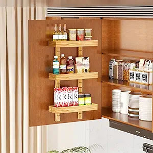 3-Tier Wooden Door/Wall Mounted Pantry Organizer, Adjustable Wooden Basket Kitchen Organization and Storage, Hanging Spice Rack