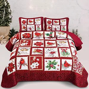 Luxudecor Christmas Quilt Set Twin Size Cardinal Birds Quilt