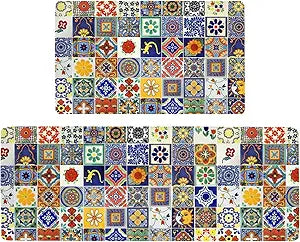 Boho Kitchen Rug Sets of 2 Piece Cushioned Comfort Mat for Home & Office Non Slip Rugs and Mats Anti Fatigue Kitchen Mats for Kitchen Floor Comfort Standing Carpet Runner Rugs17.3 47"+17.3" 30"