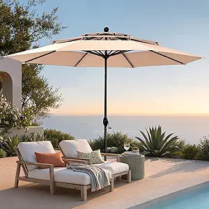 PHI VILLA 10ft Patio Umbrellas, Outdoor 3 Tier Vented Large Market Table Umbrella with 8 Sturdy Ribs and 1.5" Umbrellla Pole for Lawn Poolside Garden Terrace, Beige(No Base)