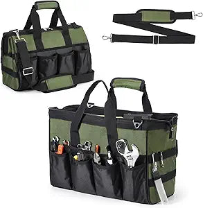 Garvee 15" Tool Bag Organizer for Men, Heavy Duty Portable Tool Tote Bag with Adjustable Shoulder Strap, Durable Soft Handle, Gift for Dad, Mechanic, Electrician, Black and Green