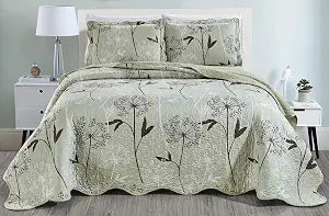 Masterplay 3-Piece Fine Printed (Double) Full Size Quilt Set, Bedspread Coverlet Bed Cover (Sage Green, Brown, White, Vine)