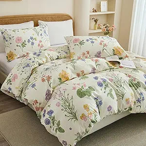 100% Cotton Duvet Cover Queen Size Botanical Garden Print, Green Floral Duvet Cover Set with Zipper Closure, 3-Piece Soft Breathable Natural Cotton Bedding Set for All Seasons