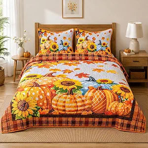 Yinhua 3 Pieces Fall Quilt King Size Maple Leaves Pumpkin Bedding Set