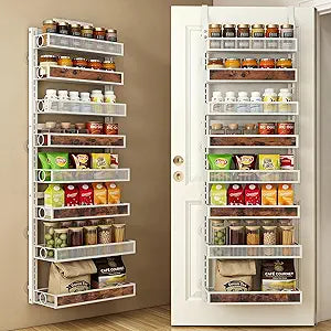 8 Tier Pantry Door Organizer Spice Rack, 2-IN-1 Wall Mount or Hanging Over Door Seasoning Organizer with Adjustable Baskets, Heavy Duty Behind Door Storage Shelves for Pantry, Cabinet and Kitchen
