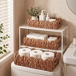 3Pack Toilet Paper Basket for Organizing Scalloped Edge Wicker Basket with Handles Toilet Tank Paper Holder Storage for Bathroom Bedroom Countertop Shelf Decor(Brown,Water Hyacinth)