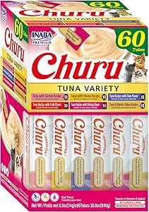 INABA Churu Cat Treats, Lickable, Squeezable Creamy Pure Cat Treat with Green Tea Extract & Taurine, 0.5 Ounces Each Tube, 60 Tubes, Tuna Variety Box