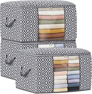 100L 3 Pack Storage Bags, Foldable Clothes Bins with Clear Window, Gray