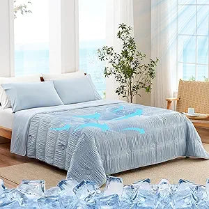 Snuggle Sac Cooling Comforter King Size Q-Max 0.43 Striped Cooling Blanket for Hot Sleepers&Night Sweats, Light Breathable Summer Blanket, Dual-Sided Silk-Smooth, 106x90 Inches, Haze Blue