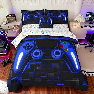 Peopleareok 6 Piece Gaming Bedding Sets Twin for Boys, 3D Blue Game Controller Design Twin Comforter Bed in A Bag Video Game Bedding, Soft Microfiber Gaming Bedding Set for Boys Kids All Season