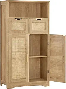 Iwell Storage Cabinet with 2 Drawers & Adjustable Shelves, Rattan Cabinet, Kitchen Pantry Cabinets, Cupboard for Living Room, Kitchen, Home Office, Natural SNG008NR