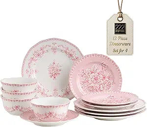 222 Fifth Genevieve 12-Piece Pink Porcelain Dinnerware Set | Microwave and Dishwasher Safe Big Dinner Plates and Bowls Sets for 4 | Chip-Resistant Blush Ceramic | Gifts for Housewarming & Wedding