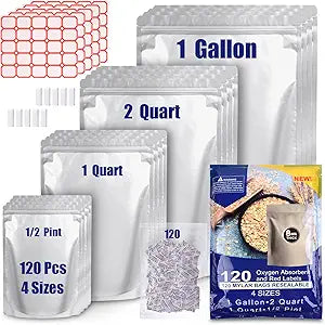 120 Mylar Bags for Food Storage with Oxygen Absorbers 300cc, 8 Mil 1Gallon 10"x14", 7.5"x11.5", 6"x9", 4.3"x6.3" Stand-Up Zipper Resealable Bags & Heat Sealable Food Storage Bags + Labels