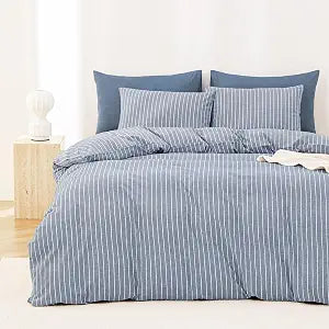 Wake In Cloud - Striped Cotton Duvet Cover Set, Ticking Stripe Vertical Pinstripe Farmhouse, 100% Washed Cotton Textured Bedding Set, 3 Pieces, Denim Blue, Twin/Twin XL Size