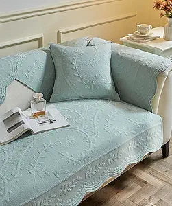 vctops Cotton Quilted Couch Cover Floral Leaves Embroidery Sofa Cover Non Slip Sofa Slipcover for Dogs Cats Kids Loveseat Recliner L Shaped Armrest Backrest (Blue,28"x70")