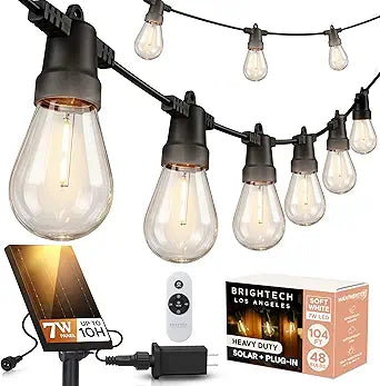 Brightech Ambience Hybrid Outdoor String Lights - Dual Plug and Solar Powered Waterproof LED Light String for Outside - Dimmable Color Changing Edison Bulbs for Camping, Patio, Cafe, Yard - 104ft, 7W