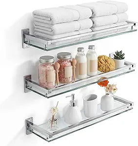 Cinnvoice 3 Pack 20 Inch Glass Bathroom Shelves for Wall, Wall Mount Glass Shelves with Stainless Steel Rail, Modern Floating Bathroom Shelf Organizer, Rectangular Room Decor for Sink, Over Toilet