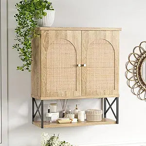 Rattan Bathroom Wall Cabinet, Boho Medicine Wall Cabinet with Double Doors and Adjustable Shelves, Tall Kitchen Wall Mounted Storage Cabinet, Floating Space Saver Over Toilet, Natural