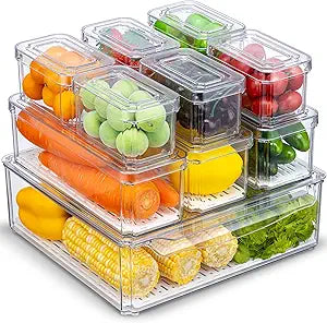 KUMD 10-Pack Clear Fridge Organizer Bins with Lids, Stackable Refrigerator Storage Containers, BPA-Free with Drain Tray & Anti-Slip Base for Fruits, Veggies, Drinks
