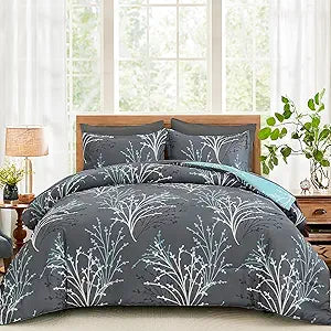 DJY Comforter Set King Size Grey Blue Reversible Branch Bed in a Bag 7 Piece Botanical Floral Comforter, Soft Microfiber Reversible Floral Bedding Set for All Season (104''x90'')