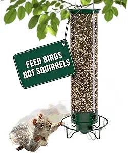 Droll Yankees Squirrel Proof Bird Feeder for Outdoors Rechargeable Weight-Activated Rotating Perch, 5lb Seed Capacity, Metal Base, UV-Stabilized Seed Tube, Hanging Green Yankee Flipper, YF-M