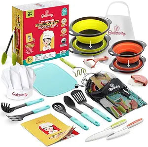 Baketivity Kids Cooking Set Real Utensils With Kitchen Tool Guide - Complete Junior Cooking Set Gift For Girls Or Boys With Mixing Bowls, Cutting Board, Knife, Apron - Kids Baking Set For Real Cooking