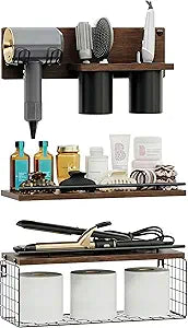 RoleDes Hair Tool Organizer Wall Mounted Set of 3 - Bathroom Floating Shelves with Blow Dryer Holder and Curling Iron Storage, Hair Dryer Hanger for Bathroom Wall, Modern Farmhouse Above Toilet Shelf
