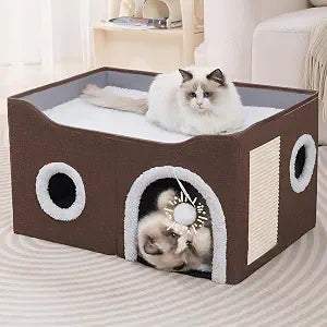 Loyareal Cat Houses for Indoor Cats - Large Cat Bed Cave with Scratch Pad and Fluffy Ball, Foldable Cat Condo Hideaway with Reversible Cushion for Multi Small PetBrown