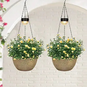SUNNYPARK 2 Packs Hanging Planters Basket for Outdoor Plants, Solar Powered Self Watering Copper Round Plastic Flower Pots with Drainer for Balcony Patio Garden Outdoor Decoration