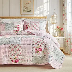 Joyreap Floral Cotton Quilt Set, Pink Aqua Flowers Grid Patchwork Design for Spring, 3 Pieces Queen Size Quilt Bedding Set, Soft n Cozy Bedspread Bed Cover for All Season- 90x90 inches